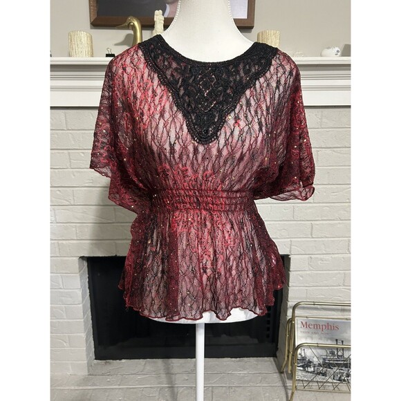 Y2k Medium  Deadstock HeartSoul Lace Blouse  Sheer  Top Sparkle  Witchy Vampire - Picture 1 of 7